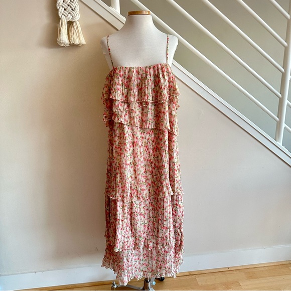 Something Navy Floral Tiered Pleated Spaghetti Strap Midi Dress Cream Pink S NWT - Picture 6 of 16